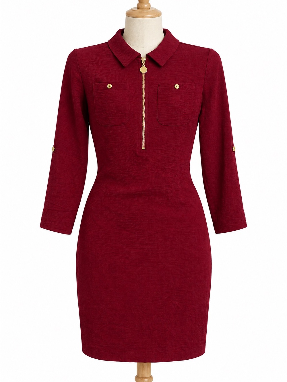 Structured Burgundy Long-Sleeve Zip-Front Sheath Dress